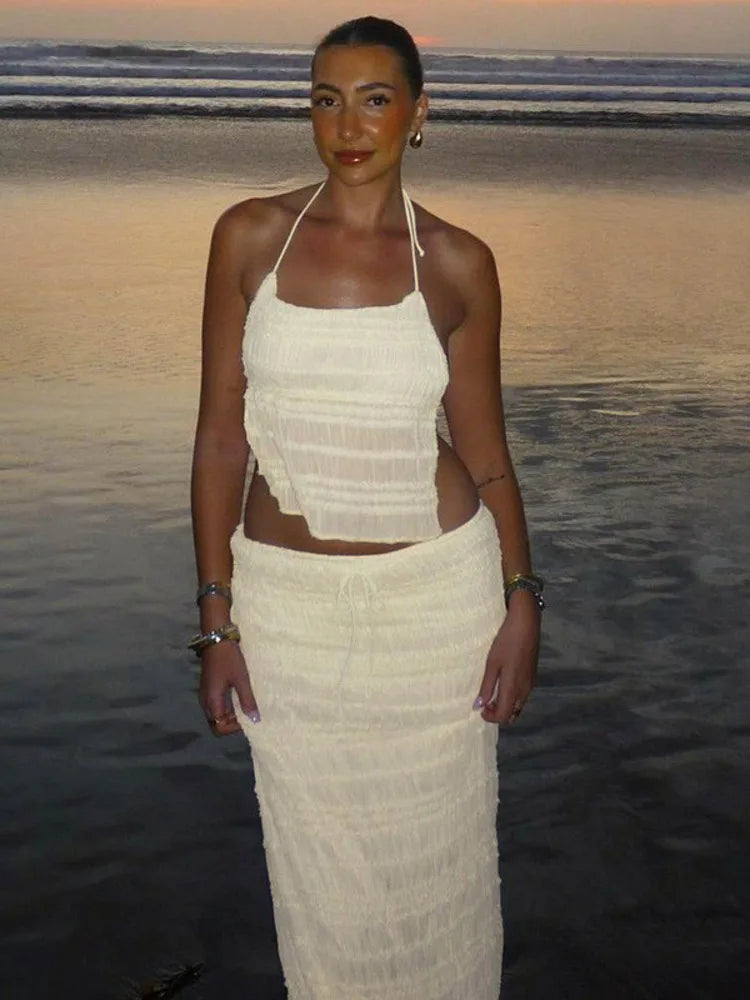 סט שני חלקים בעיצוב שיפון וכיווצים טופ קשירה וחצאית מקסי - אורורה