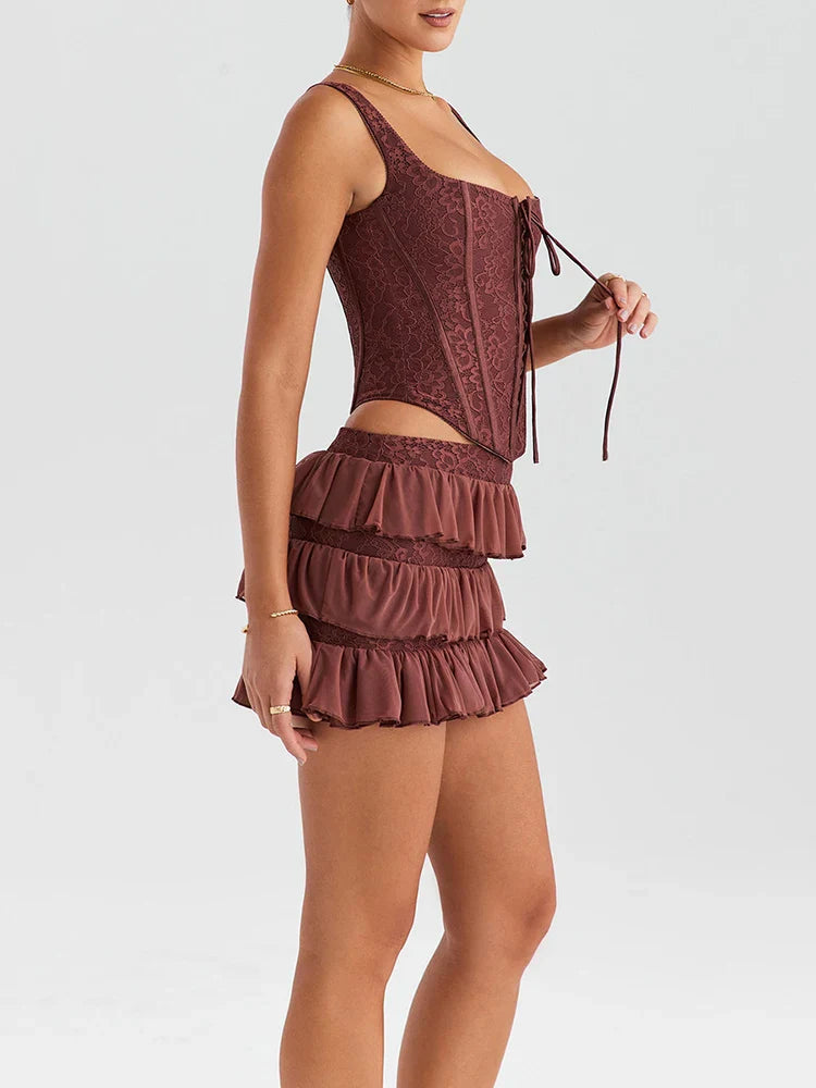 סט שני חלקים טופ מחוך קשירות וחצאית מלמלה מדורגת סטייל וינטג' - סורנטו