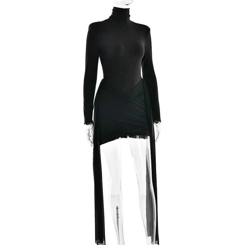 שמלת מיני צווארון גולף בעיצוב חלק תחתון שיפון כיווצים בגזרת קרוס בעיטור שובלי שיפון - מרינה