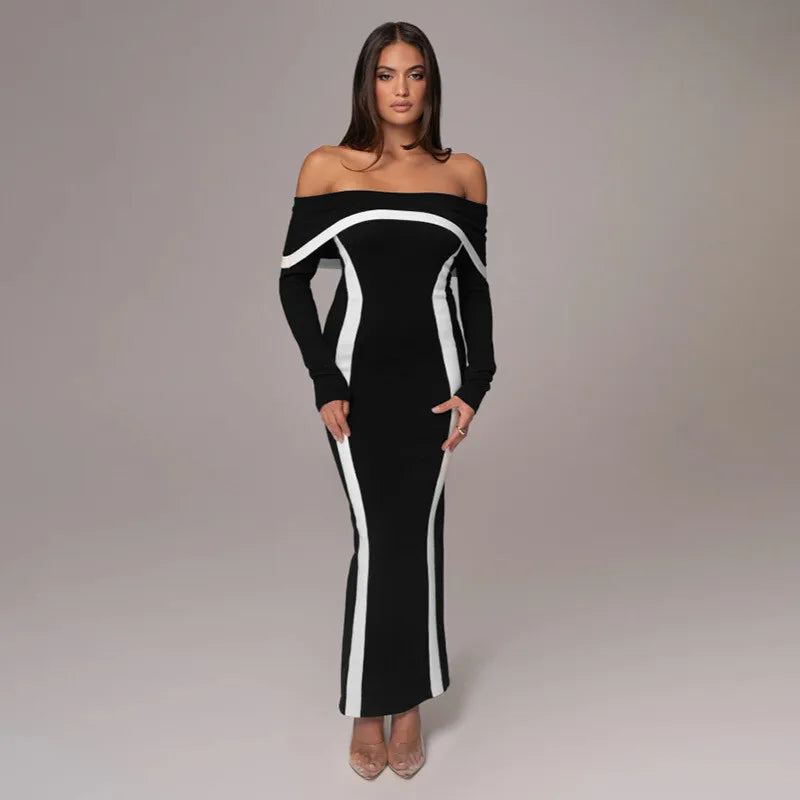 שמלת מקסי כתפיים חשופות בעיטור קווי מתאר - קייטי