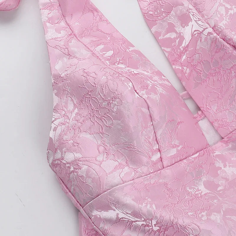 שמלת מיני רקמת איורי פרחים בגזרת A בעיטור פפיון בגב בעיצוב קשירה בגב להצמדה במותן וקשירה בצוואר - Pearl