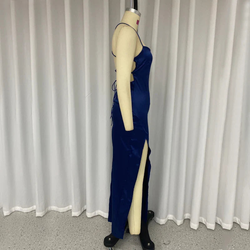 שמלת מקסי סאטן שסע - אזול