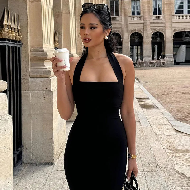 שמלת מידי צמודה בד מחטב גב פתוח - Paislee