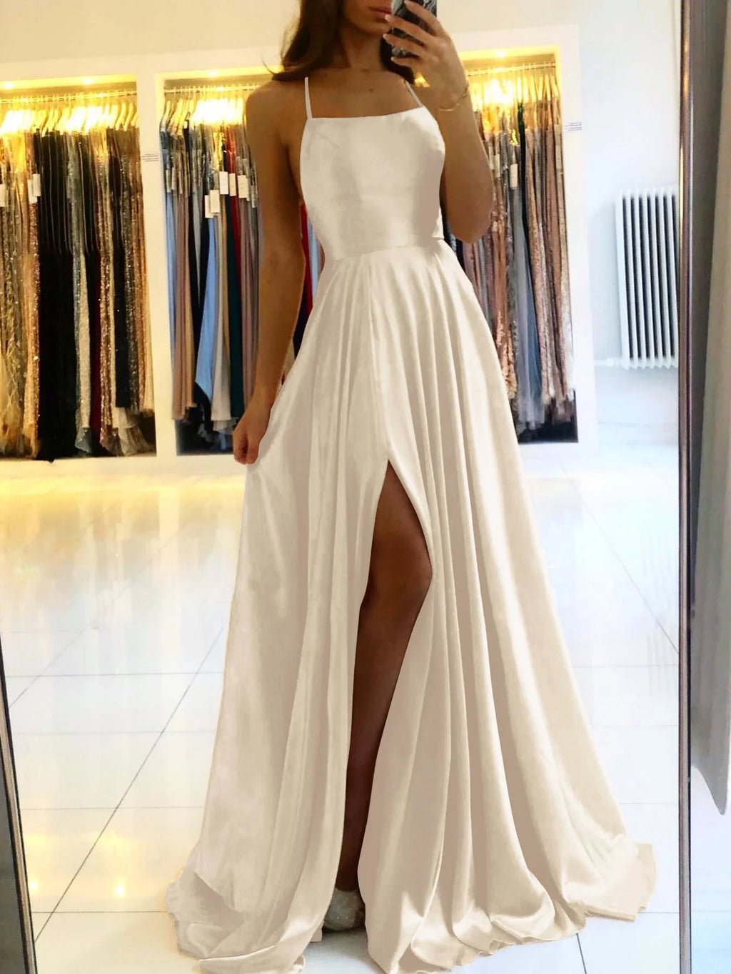 שמלת מקסי סאטן אלגנטית בעיטור שסע בגזרת A קשירה בגב - פרינס