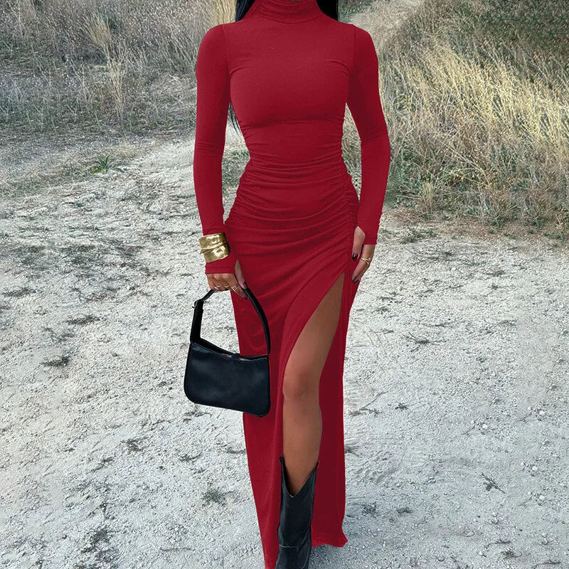 שמלת מקסי כיווצים צווארון גולף בעיצוב שסע עמוק - סאשה