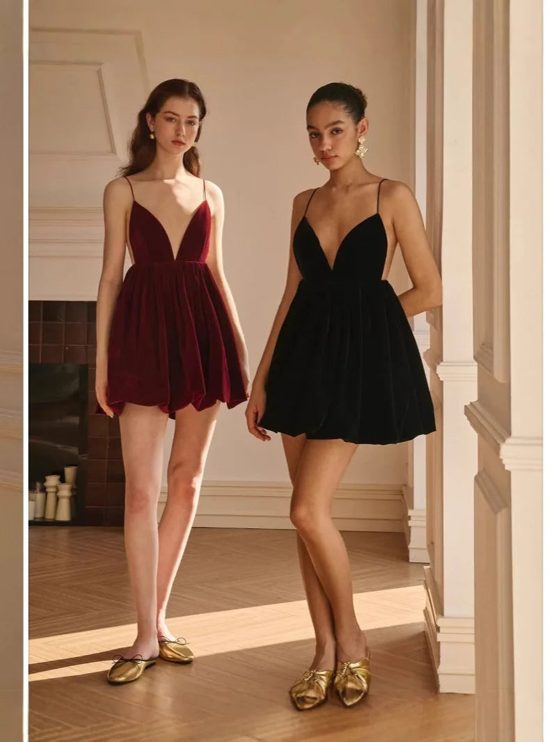 שמלת מיני בלון בד קטיפה גב פתוח - Myla