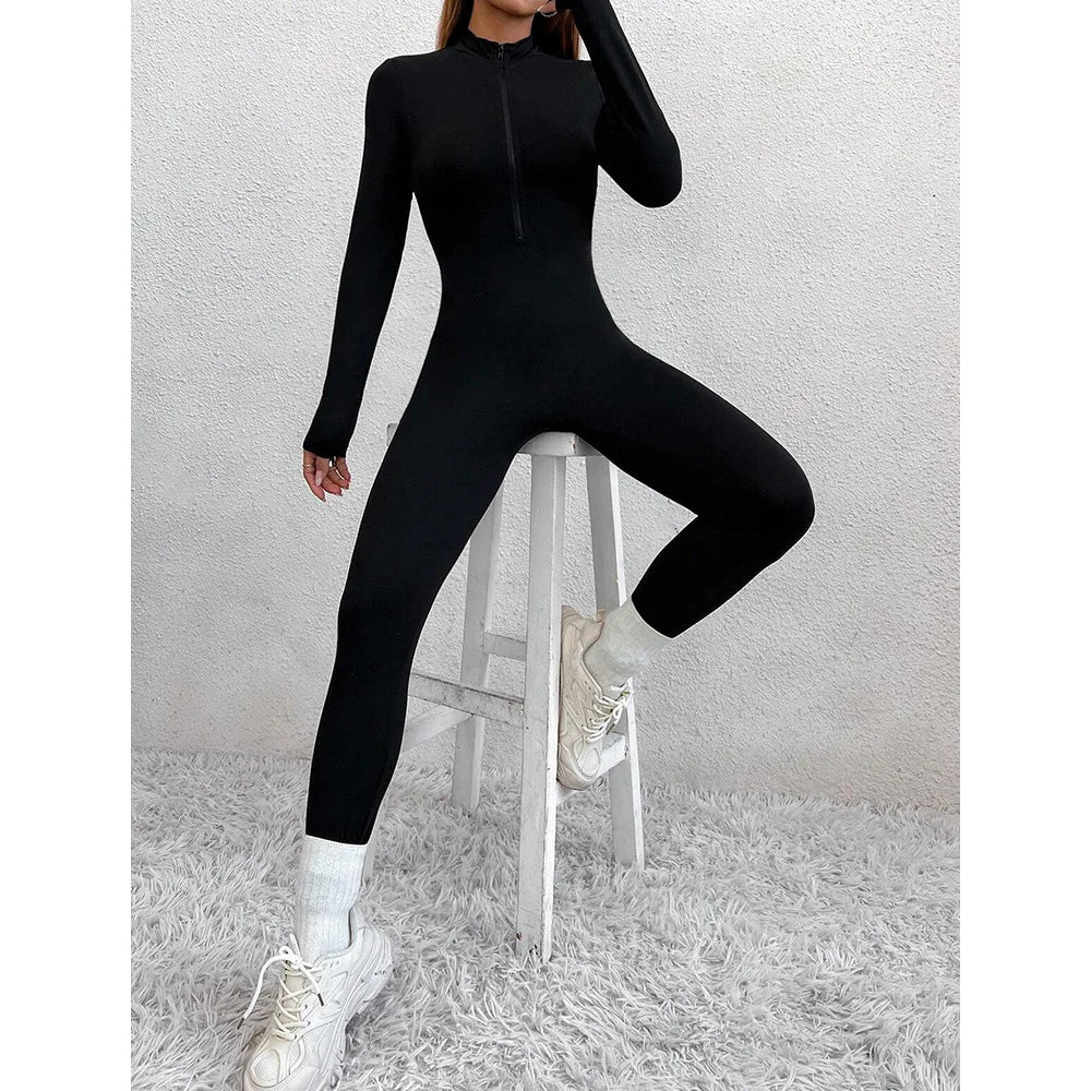 אוברול ארוך צמוד בד מחטב סגירת רוכסן קדמי - Alisson