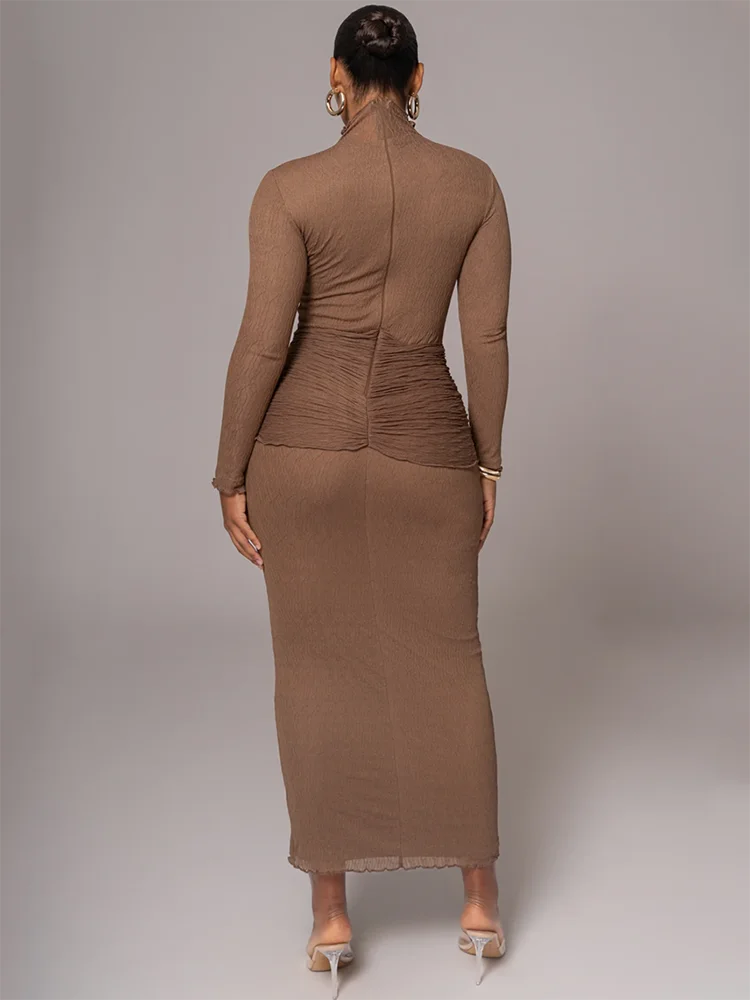 שמלת מקסי כיווצים בעיטור קשירה צווארון גולף - הלסי