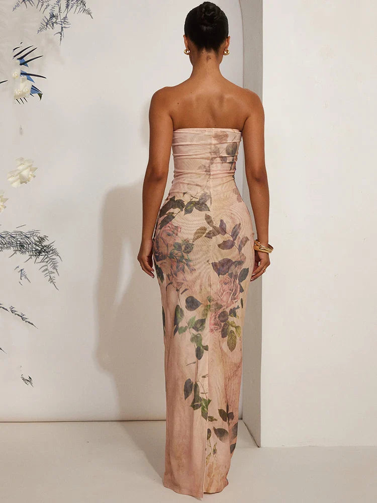 שמלת מקסי סטרפלס בעיטור הדפס פרחוני וינטג' - מאליה