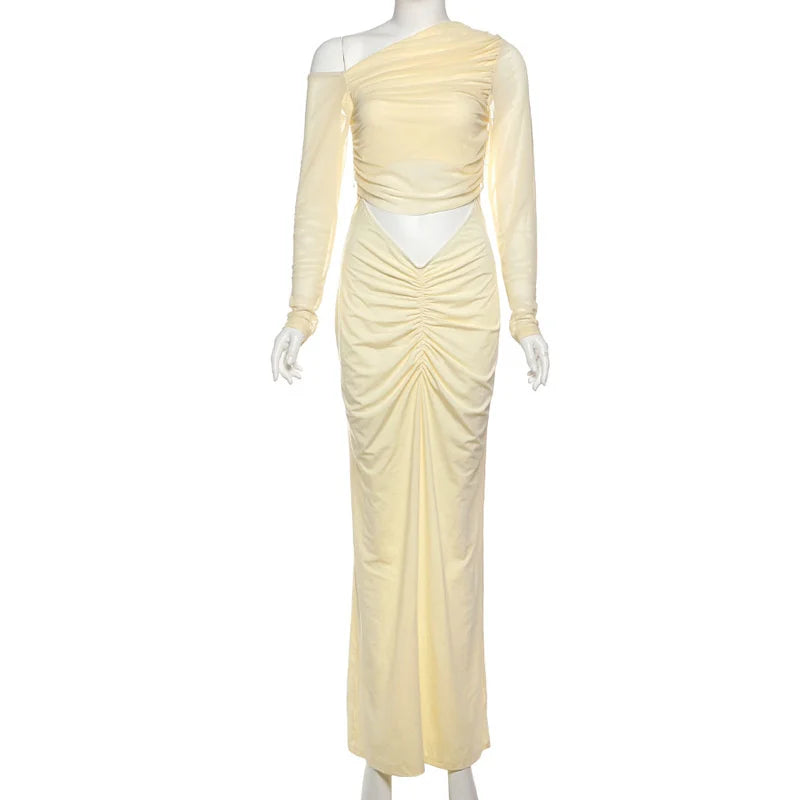 שמלת מקסי כיווצים בעיצוב פתח ושרוולי רשת כתפיים חשופות - אורה