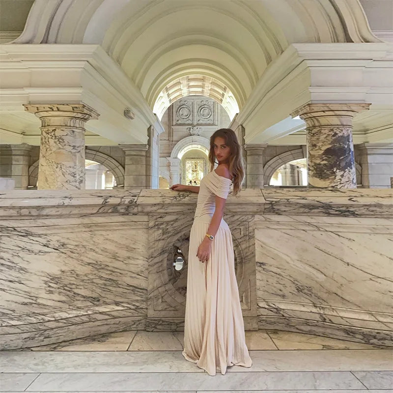 שמלת מקסי סרוגה כיווצים אלגנטית כתפיים חשופות - אלינור