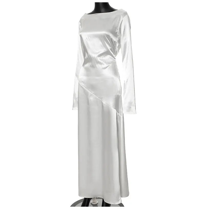 שמלת ערב מקסי סאטן גב פתוח בשילוב שסע ושרוולי פעמון  - מריאן