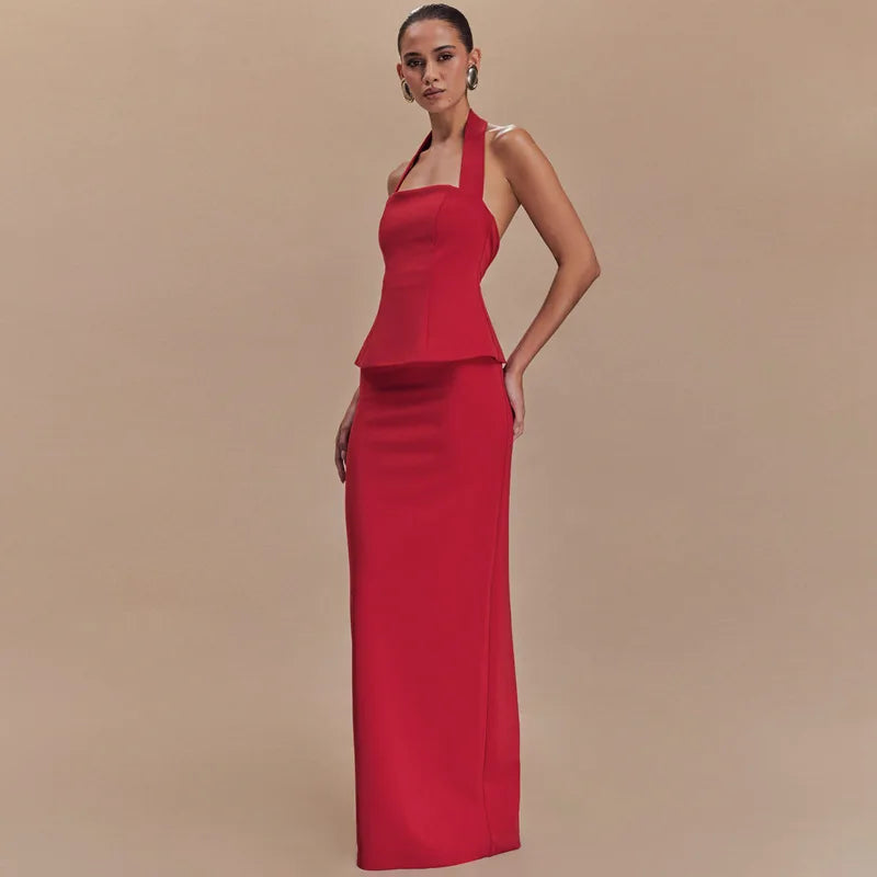 חליפת שני חלקים מחויטת טופ גב פתוח וחצאית מקסי - הלני