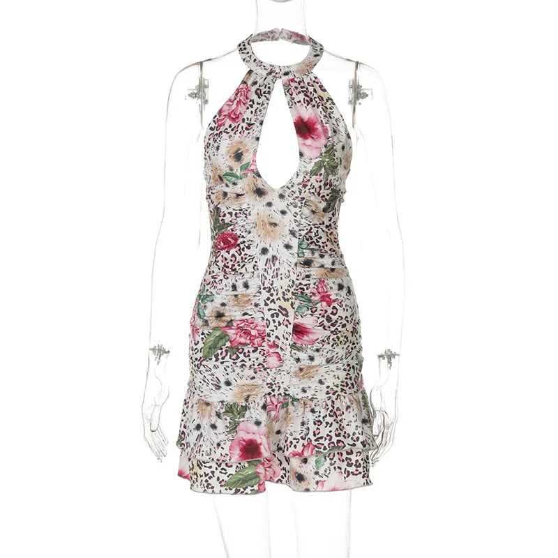 שמלת מיני קולר בהדפס מנומר בעיטור פרחים גב פתוח - צ'ילי