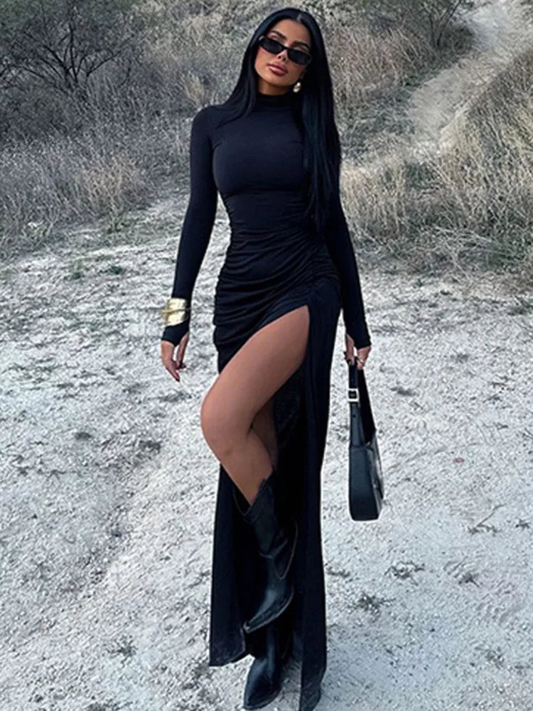 שמלת מקסי כיווצים צווארון גולף בעיצוב שסע עמוק - סאשה