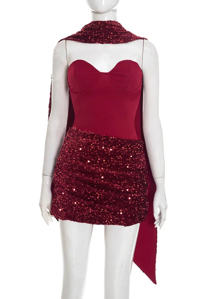 Sequin mini dress with scarf decoration - GIGI