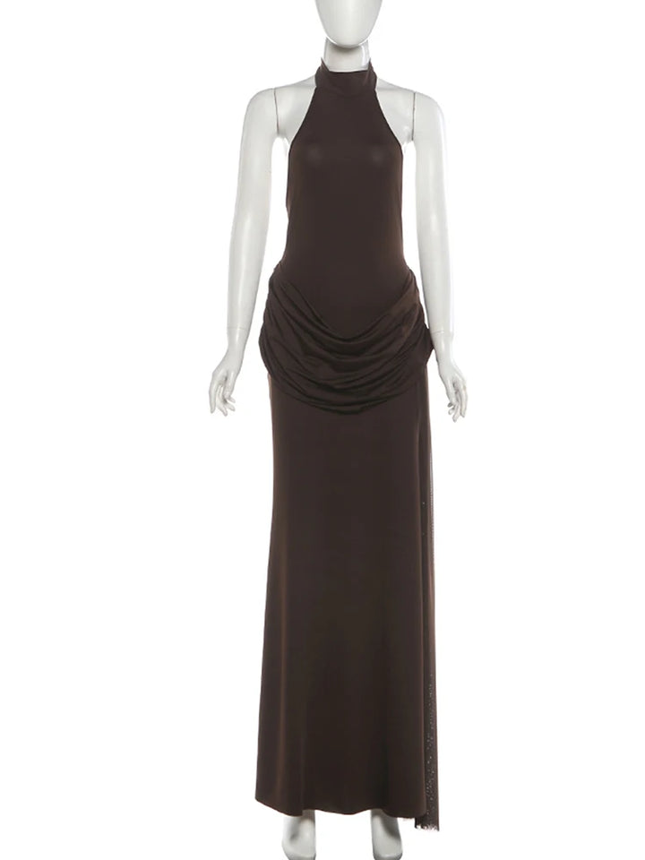 Open-back collar maxi dress with pleats and slit design - Bianca