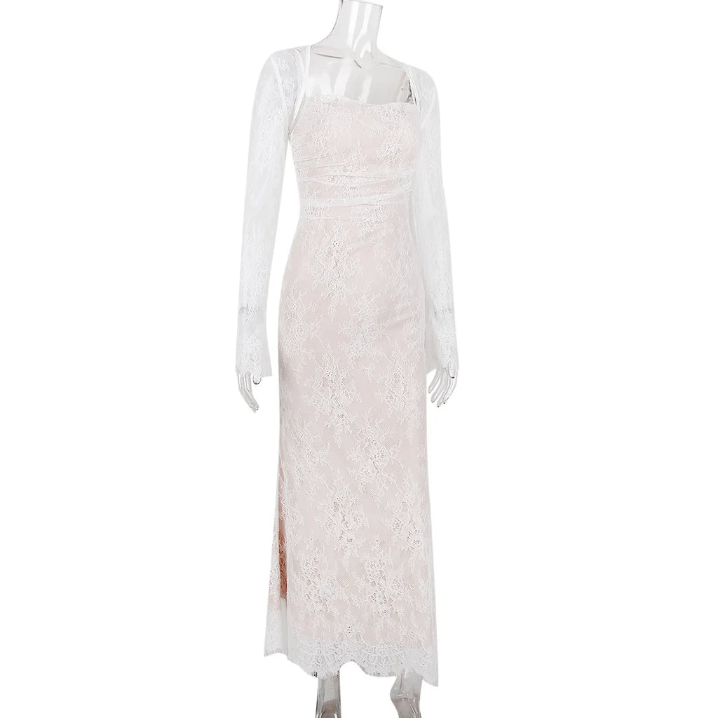 שמלת מקסי אלגנטית תחרה בשילוב עליונית שרוולי תחרה - איליה