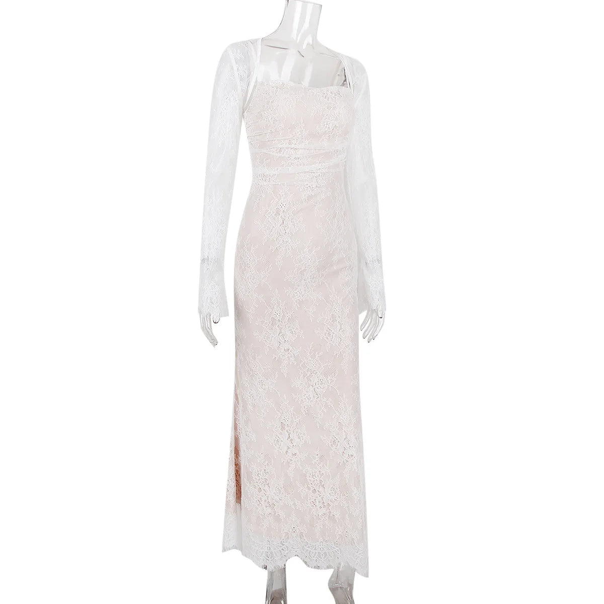 שמלת מקסי אלגנטית תחרה בשילוב עליונית שרוולי תחרה - איליה