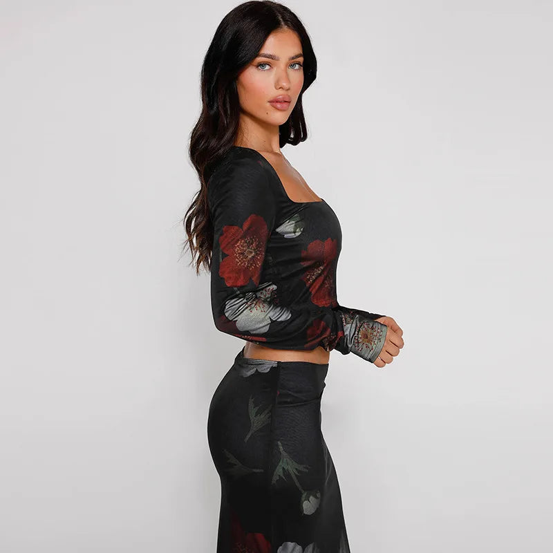 סט אלגנטי פרחוני חצאית מקסי וחולצה - מאלווינה