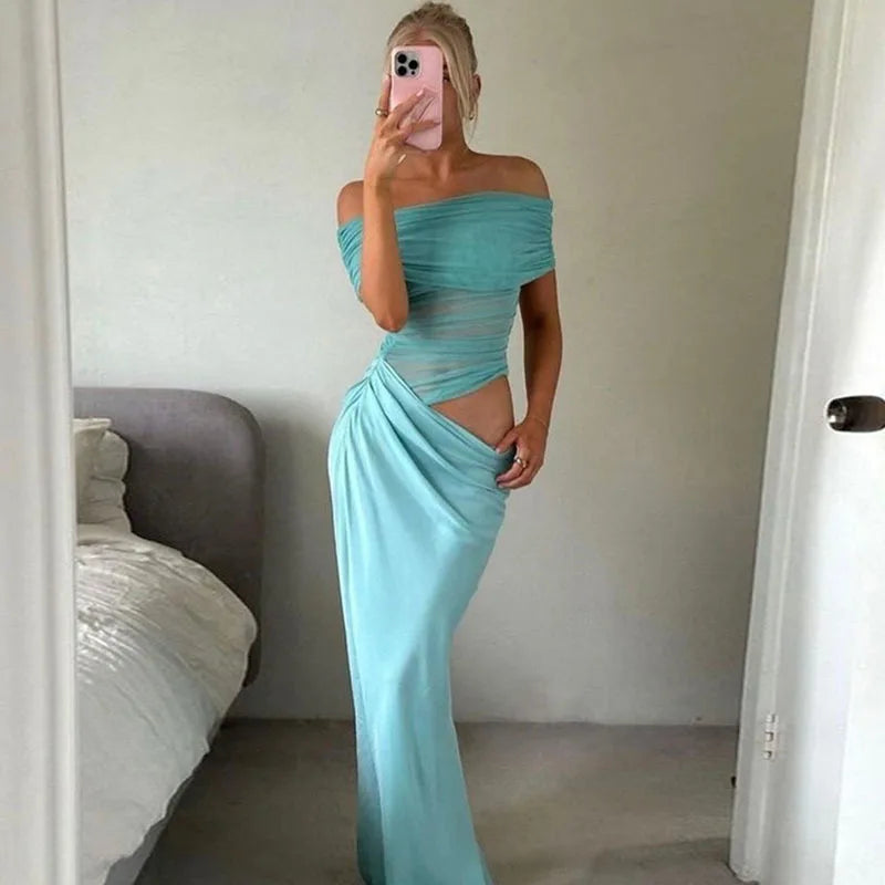 שמלת מקסי כיווצים בעיצוב רשת וכתפיים חשופות - קשת