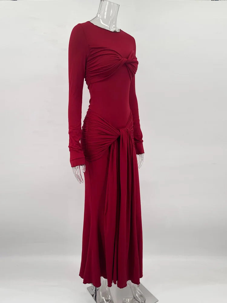 שמלת מקסי צנועה בעיצוב כיווצים וקשירה - נאהב