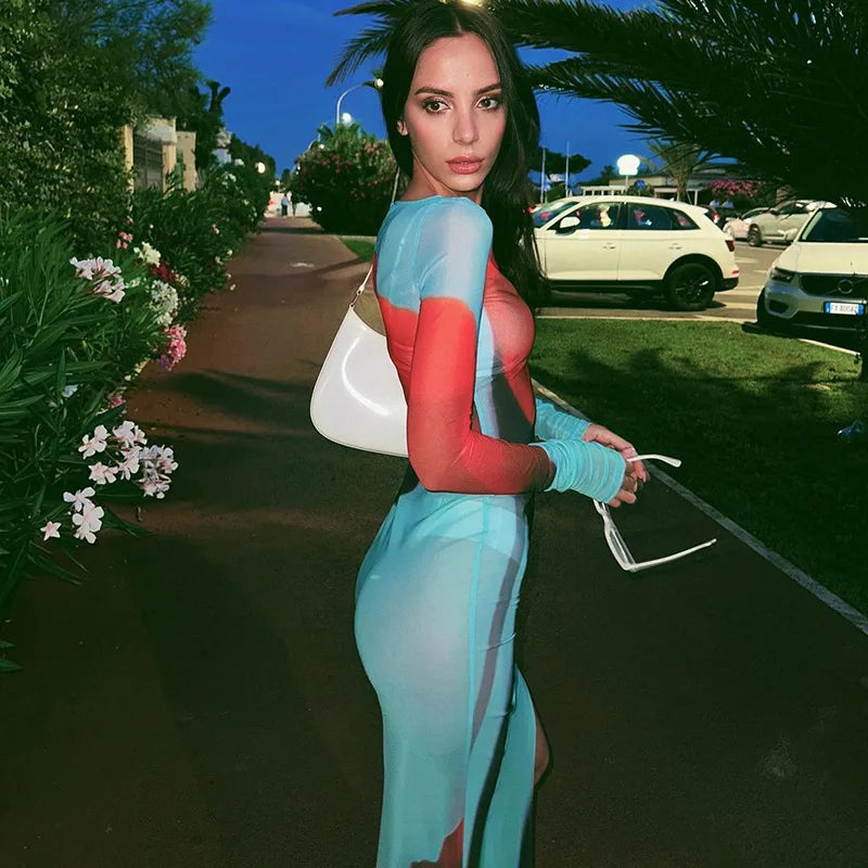 שמלת מקסי חצי שקפה שסע עמוק הדפס פרח - דאליה