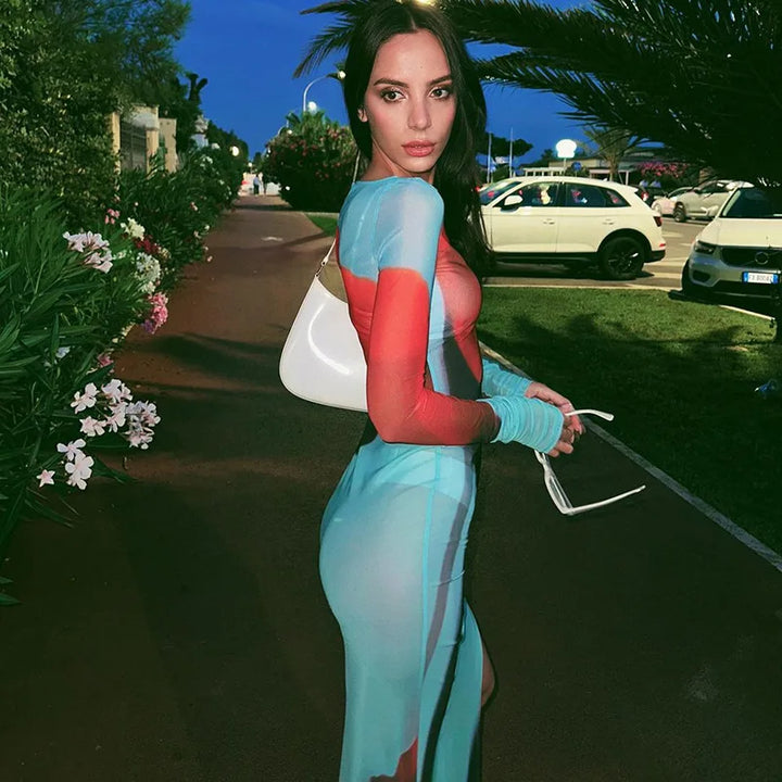 שמלת מקסי חצי שקפה שסע עמוק הדפס פרח - דאליה