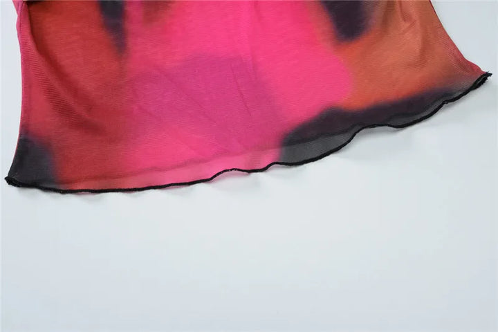 Two-piece set of mesh fabric with tie-dye design, top and maxi skirt with slit decoration - Florence