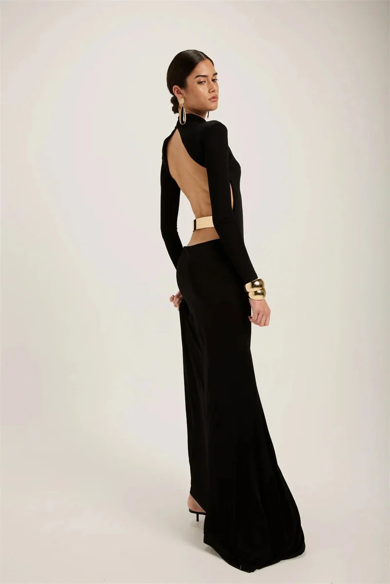 Maxi turtleneck dress with open back and buckle - EINAT