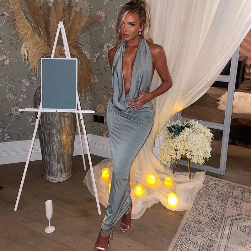 שמלת מקסי סאטן צווארון נופל גב פתוח - HOTIE