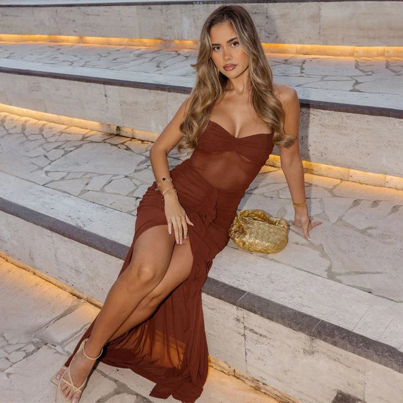 שמלת מקסי שיפון בעיטור כיווצים ומלמלה קשירה בצוואר - שלי