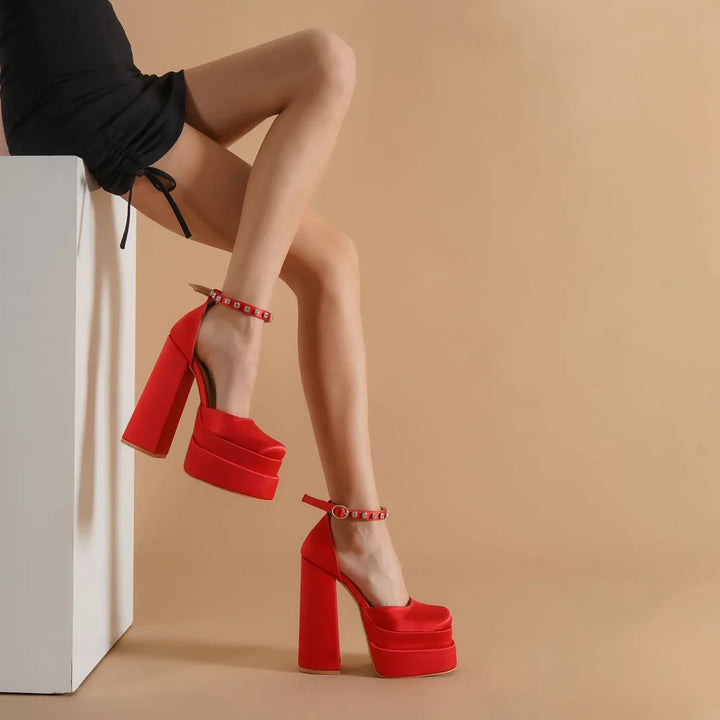 Platform doll shoes in silk satin fabric decorated with diamonds - Melis