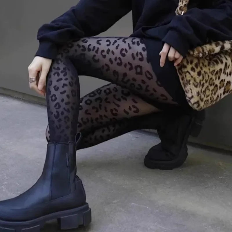 Sheer tights with a leopard print design