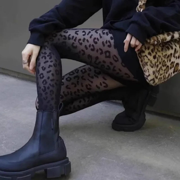 Sheer tights with a leopard print design