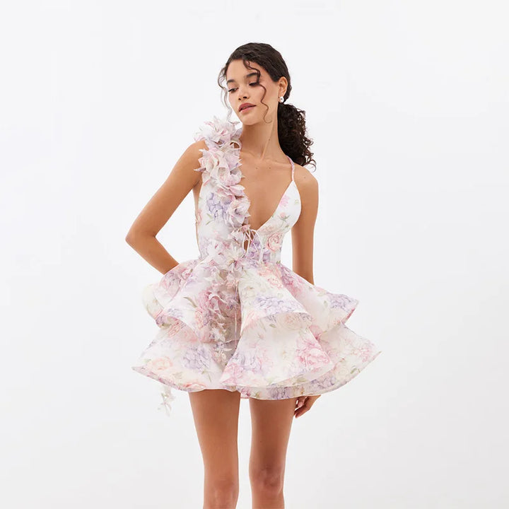 3D Floral Design Tulle Mini Dress - Isabella