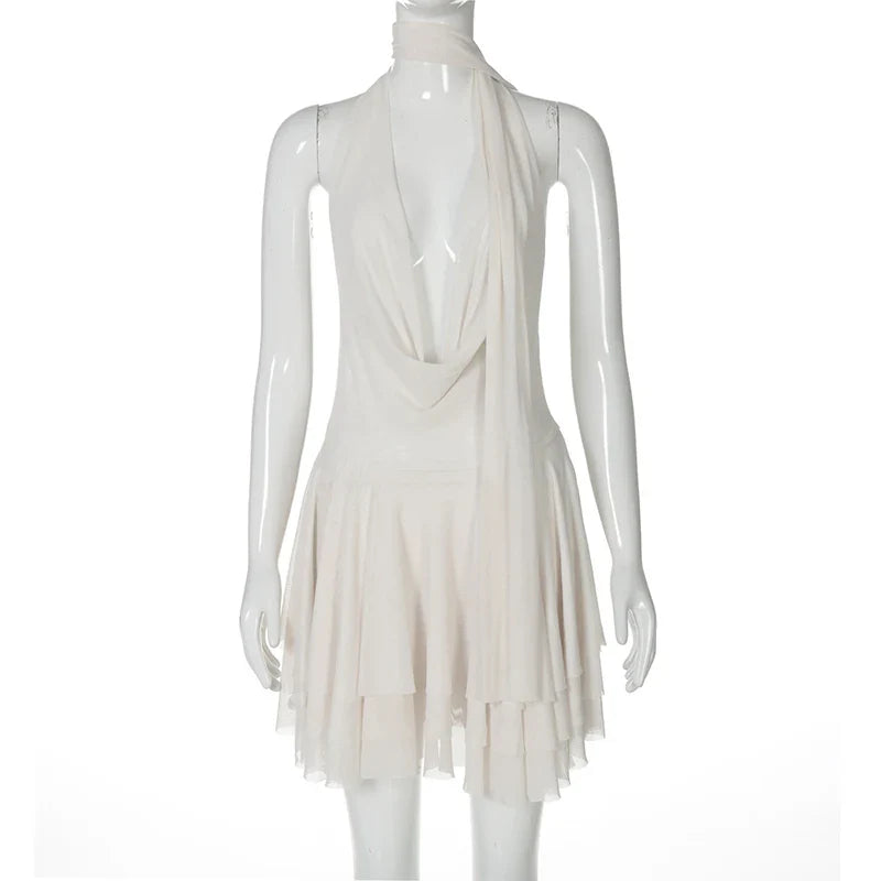 שמלת מיני שיפון מלמלה גב פתוח צווארון נופל בעיטור צעיף תואם -  Lexi