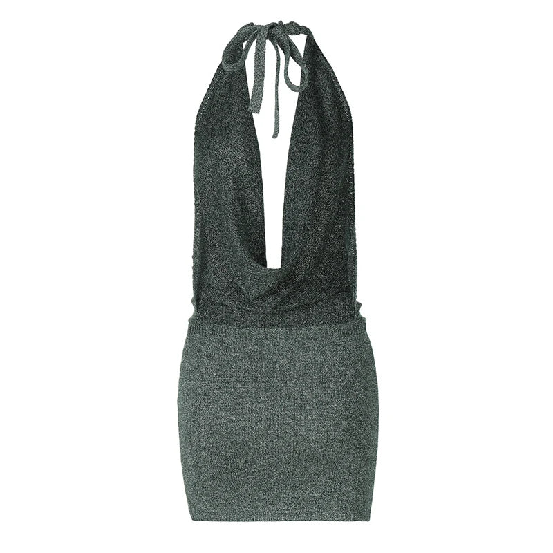 שמלת מיני סרוגה נצנצים צווארון נופל גב פתוח - קסם