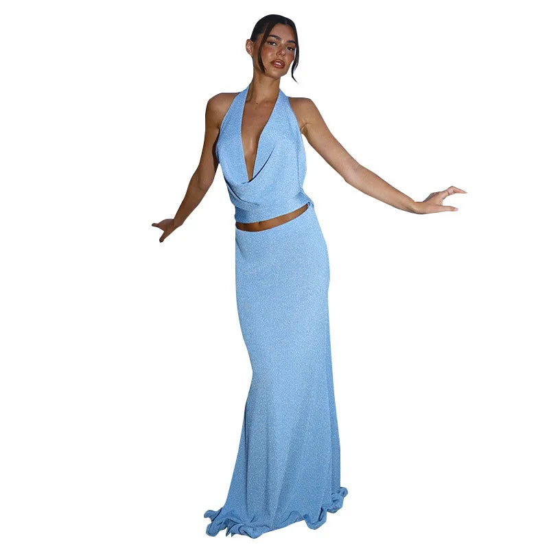 Two-piece set in a flowing fabric design, a drop-neck top with an open back and a maxi skirt - Scarlet