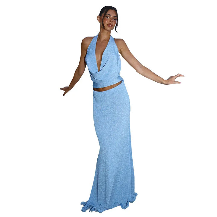 Two-piece set in a flowing fabric design, a drop-neck top with an open back and a maxi skirt - Scarlet