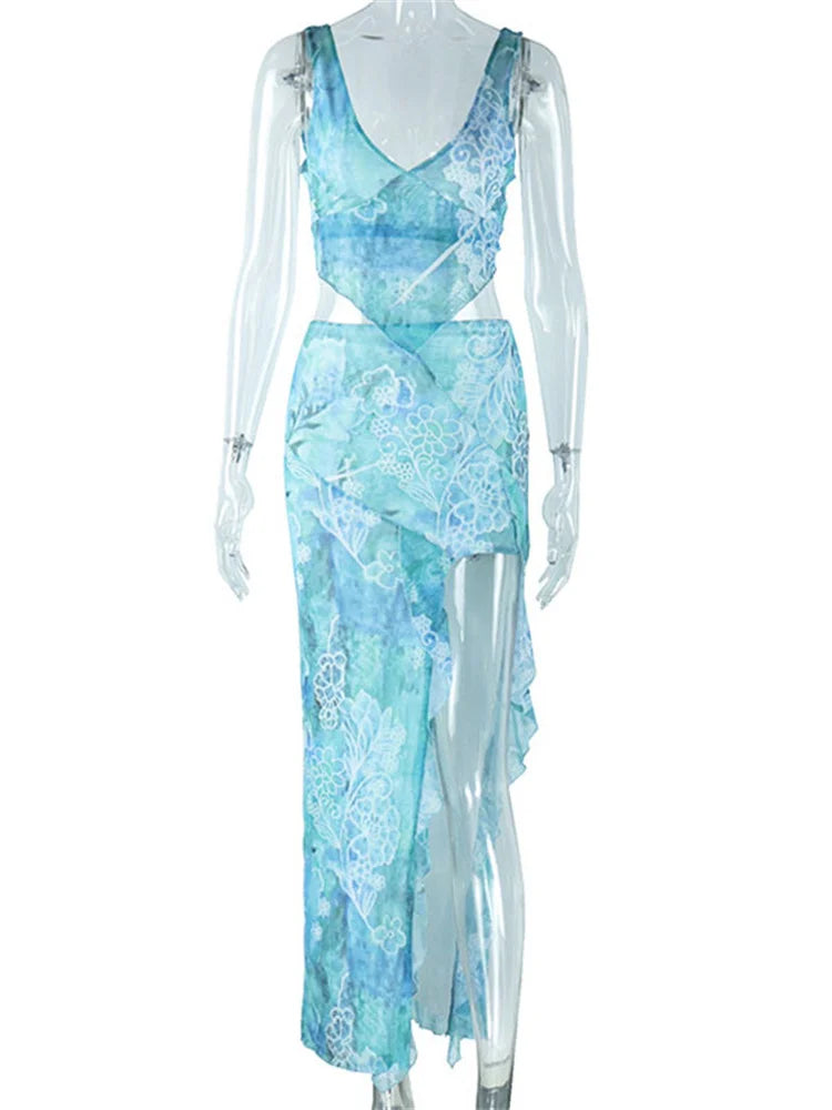 סט שני חלקים בהדפס טרופי טופ וחצאית מקסי מלמלה בעיצוב שסע - MAYA