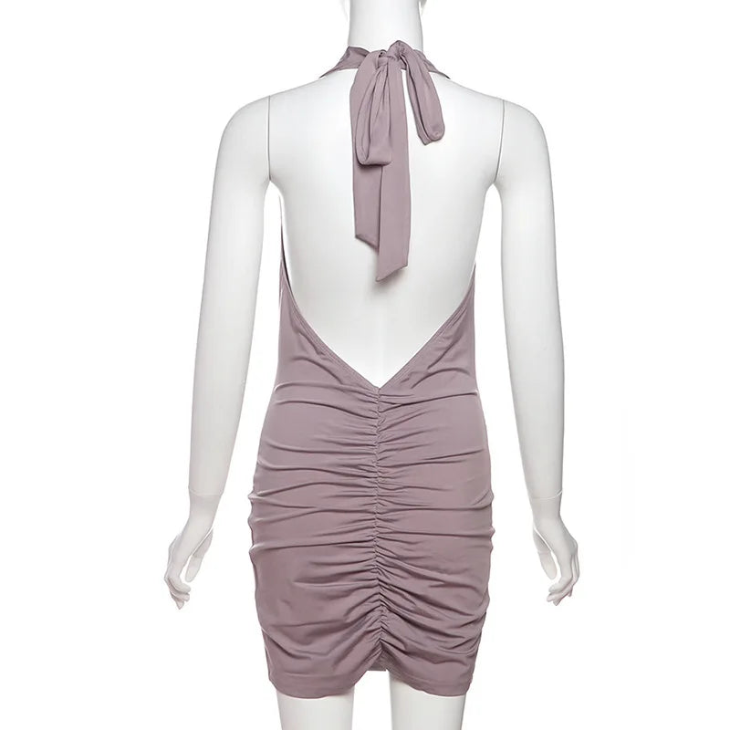 שמלת מיני צווארון נופל בעיצוב רשת זרקונים מנצנצים כיווצים בישבן קשירה בצוואר - Linda