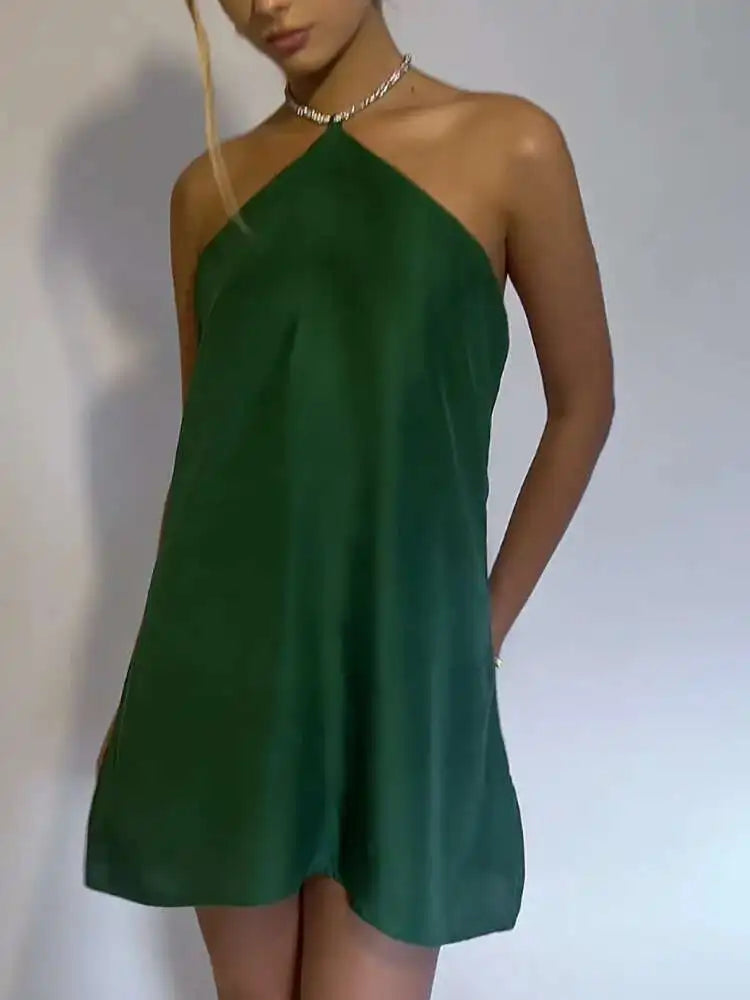 שמלת מיני סאטן בעיצוב חוטי זרקונים מנצנצים לקשירה בצוואר - קולין