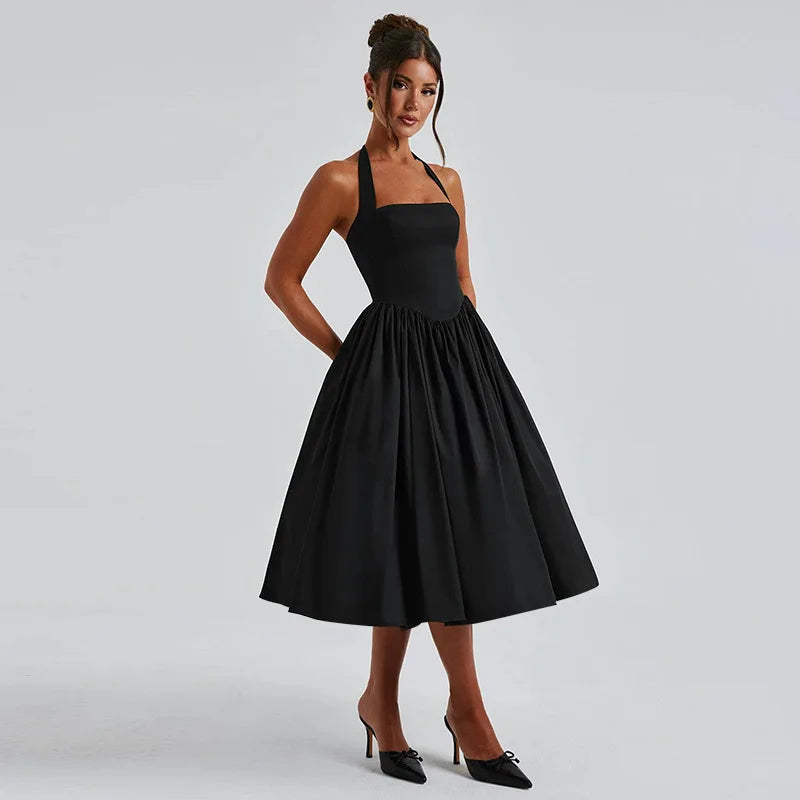 שמלת מידי בגזרת A גב פתוח קשירה בצוואר - Angie