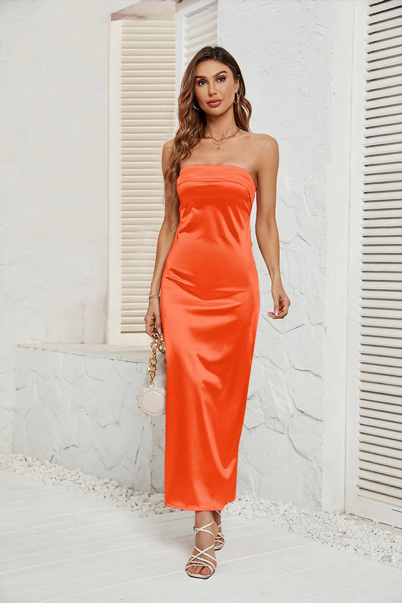 שמלת מקסי סטרפלס סאטן גב פתוח - ANATALYA