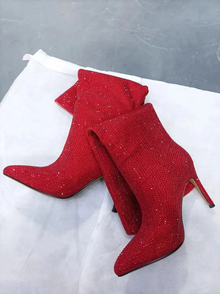 High-heeled pointed-toe boots with glittery rhinestones - Josie