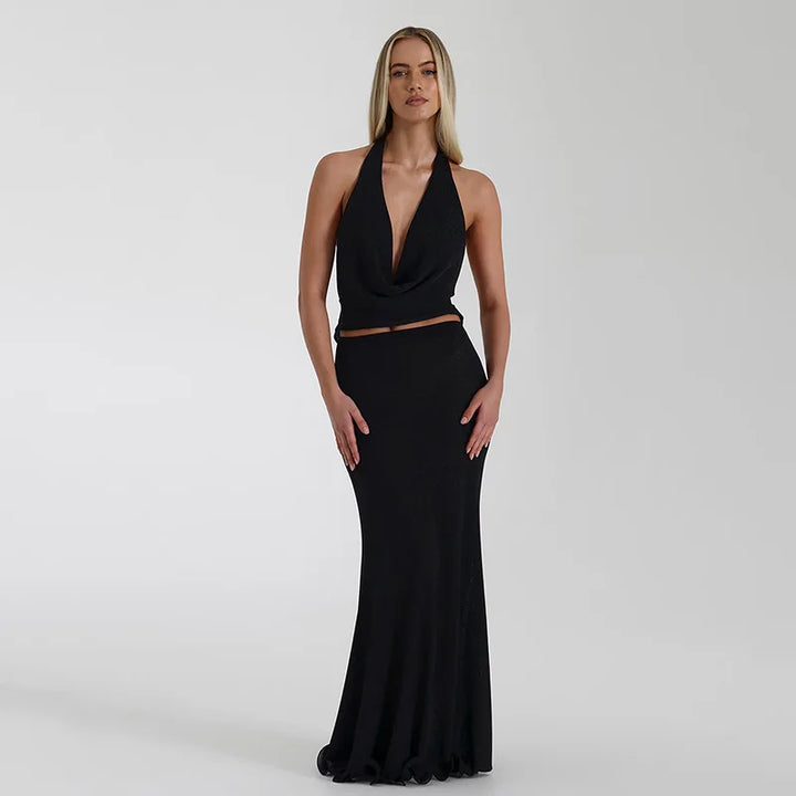 Two-piece set in a flowing fabric design, a drop-neck top with an open back and a maxi skirt - Scarlet