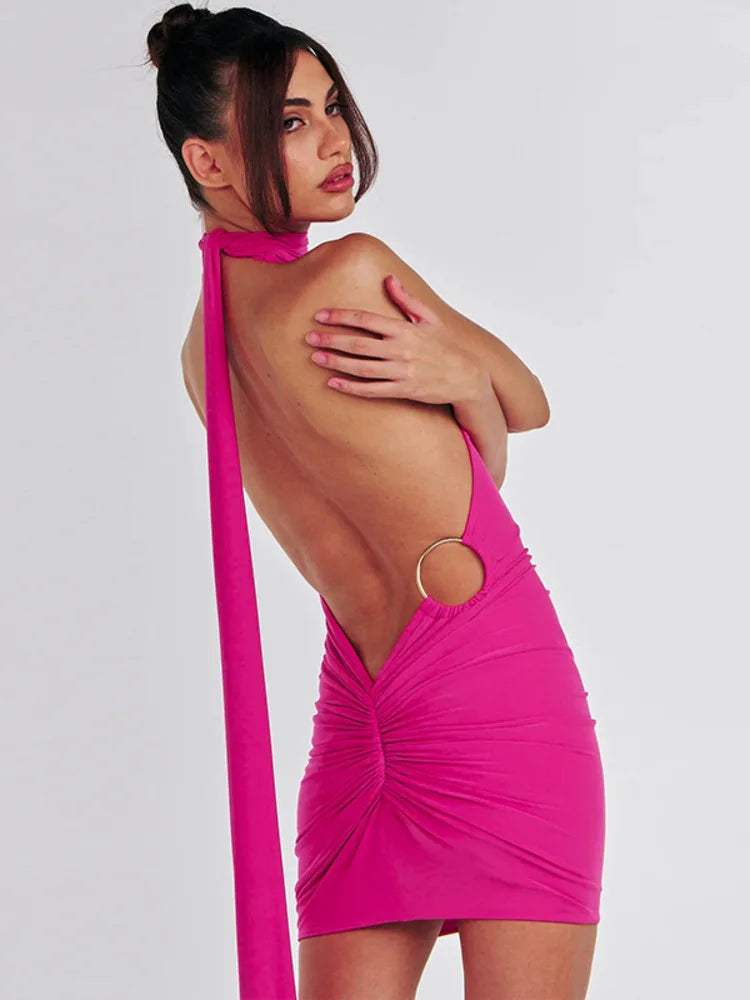 שמלת מיני כיווצים גב פתוח בעיטור חישוק  - CAROLINA