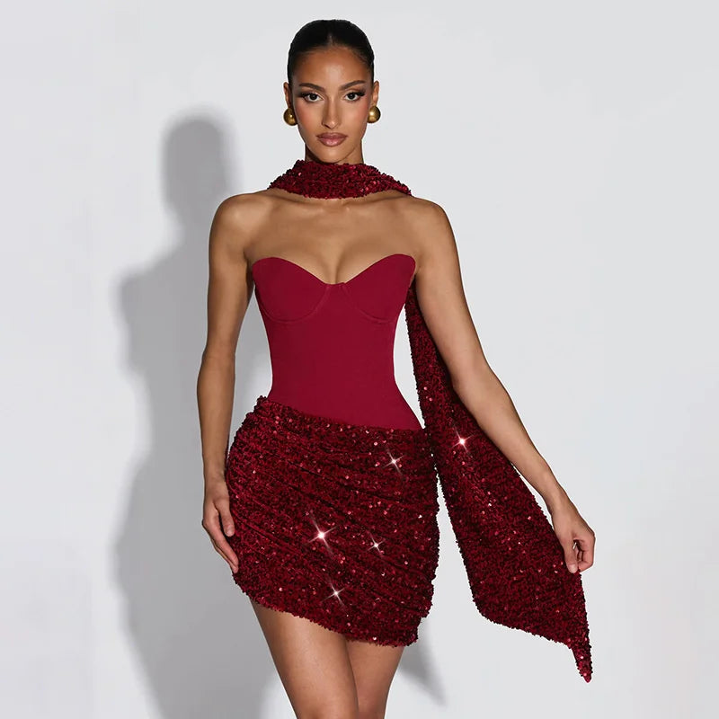 Sequin mini dress with scarf decoration - GIGI