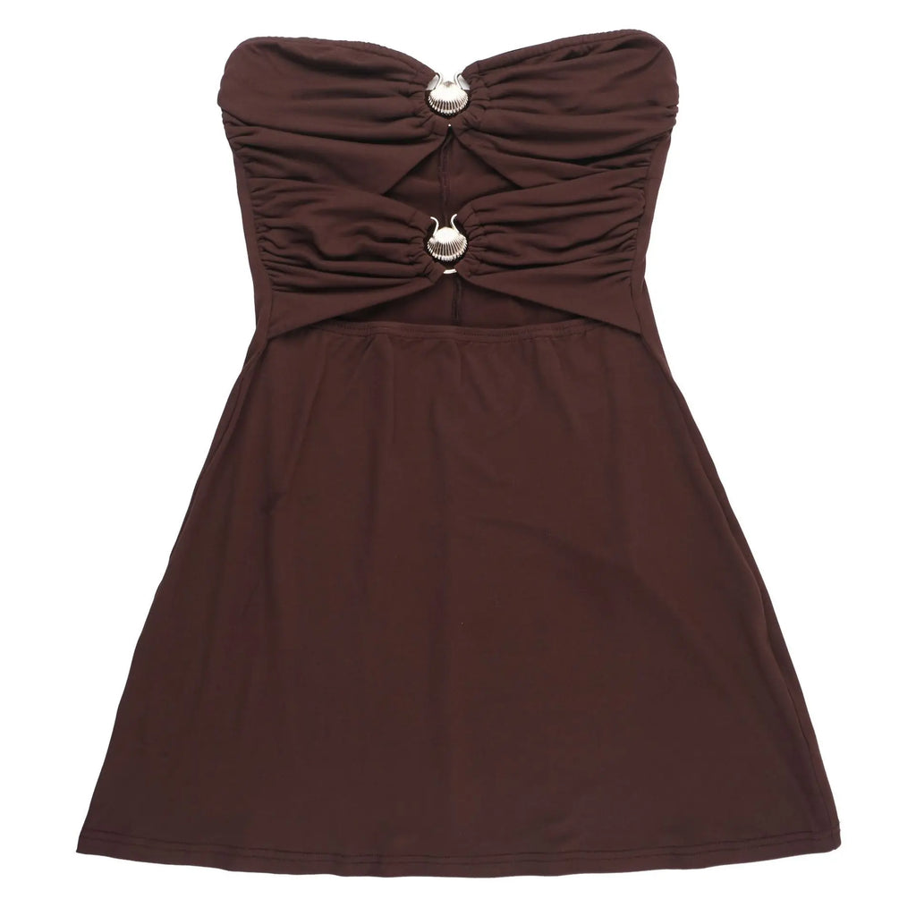 שמלת מיני סטרפלס קיצית בעיטור אבזמי צדפה - פליה